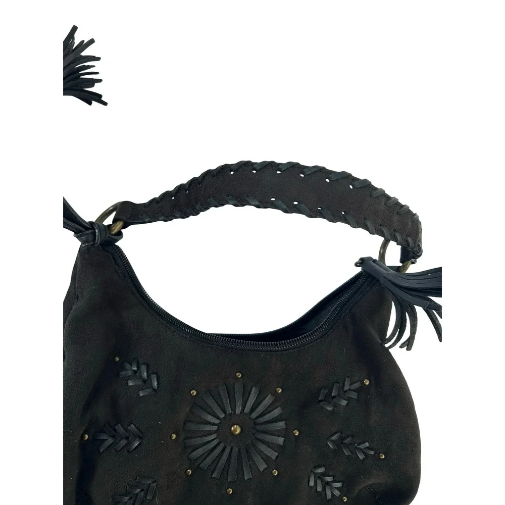 Tommy Hilfiger Y2K Black Suede Hobo Bag Tassel Studded Braided Strap Vintage